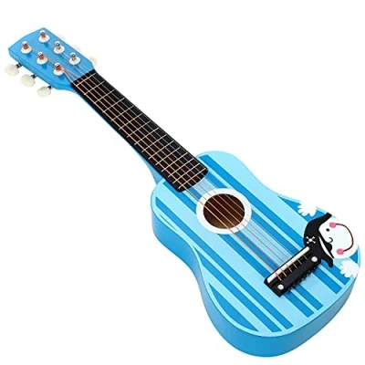 Image of SOKA Wooden Blue Striped Guitar Musical Instrument Pretend Play Music Toy Interactive Role Game Early Developmental Gift for Children Toddler Kids Boys Girls Ages 3 year old +