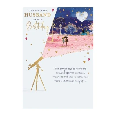 Image of Wonderful Husband Birthday Card Telescope Moonlight Walk and Sentiment Verse Embossed with Foil Flitter Details Eco Friendly Recyclable by Words &#039;n&#039; Wishes