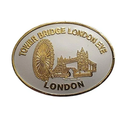 Image of Thomas Benacci Pewter Effect Tower Bridge and London Eye Oval Metal Fridge Magnet British Icon Souvenir from England UK