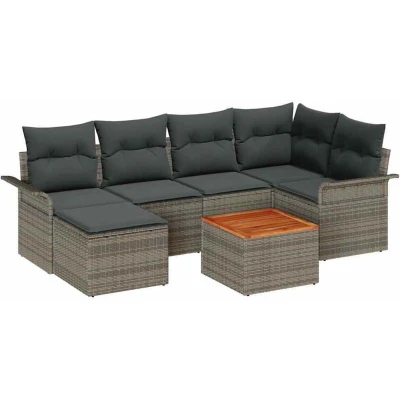 Image of vidaXL 7 Piece Garden Sofa Set with Cushions Grey Poly Rattan Acacia