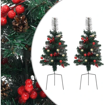 Image of vidaXL Pathway Christmas Trees Pair, 76 cm Tall Artificial with Ground Spike, Lifelike PVC Construction, Decorated Red Berries, Pine Cones and Balls, Ideal for Outdoor Decoration.
