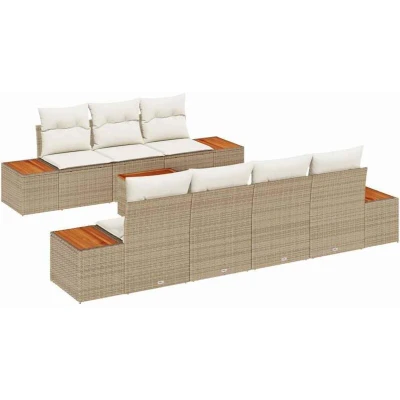 Image of vidaXL 8 Piece Garden Sofa Set with Cushions Beige Poly Rattan Acacia