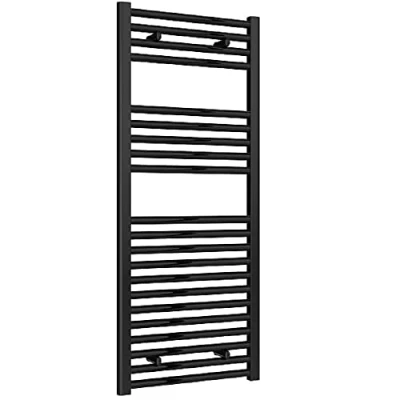 Image of Reina Straight Heated Towel Warmer, Modern Radiator Wall Mounted, Flat Heating Ladder, Bathroom Accessories, Rail with Fixtures, 1200mm x 400mm (Black)