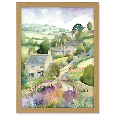Image of Artery8 Countryside Spring Landscape with Cottages Modern Watercolour Painting Artwork Framed A3 Wall Art Print