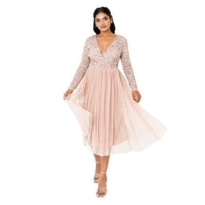 Image of Maya Deluxe Women&#039;s Ladies Wedding Guest Midi Dress Long Sleeve Plunging Neckline V Neck Sequin Embellished Graduation Bridesmaid, Taupe Blush, 20