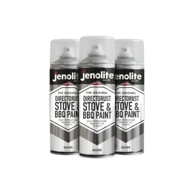 Image of JENOLITE Directorust BBQ &amp; Stove Spray Paint SILVER 3x400ml Very High Temperature Up to 650C Barbecue Paint, Chimineas, Wood Burner, Automotive, Fire Screens Surrounds