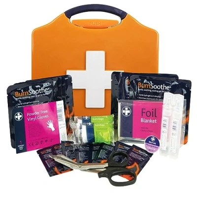 Image of BurnSoothe Burn First Aid Kit In Orange Compact Aura Box Emergency Modern Comprehensive Burns Kit. Ideal For Smaller Work Environments (Box Size: 20.5cmh X 20cmw 6.5cmd)