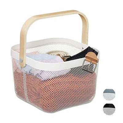 Image of Relaxdays Storage, Handle, Clothes, Deco, Utensil Basket, HBT: 17.5 x 26 24.5 cm, White, Steel, Wood, cm