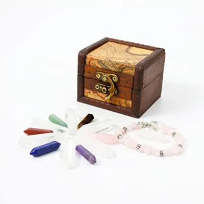 Image of Nvzi Crystals and Healing Stones Set in Wooden Display Box, Gemstones Kit, 7 Chakra Stones, Raw for Beginners, Spiritual Gifts Women, Witchcraft Supplies Tools