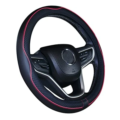 Image of Istn Microfiber Leather Car Steering Wheel Cover Universal 15 inch/38cm Breathable Anti slip Protector for Auto/SUV (Black Red)