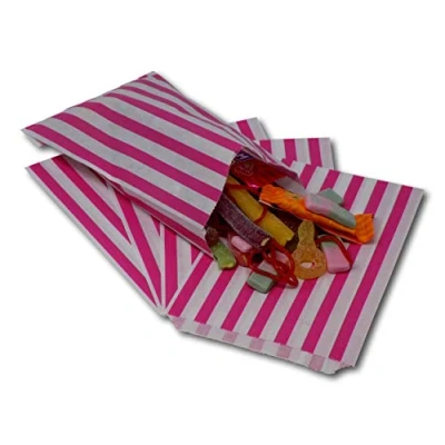 Image of EPOSGEAR® 5&quot; x 7&quot; Premium 45gsm Kraft Paper Coloured Candy Stripe Sweet Party Bags Ideal for Gift Shops, Wedding Favours, Carts, Buffets etc (Pink, 100 Bags)