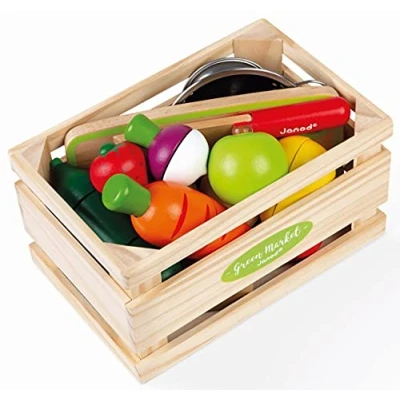 Image of Janod Green Market Fruits and Vegetable Maxi Set Crate with 9 Velcro Vegetables to Cut Wooden Board Knife Metal Colander from 3 Years Old, J06607