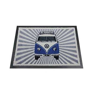Image of BRISA VW Collection Volkswagen Foot Mat Doormat Rug Shoe Dirt Trapper with T1 Bus Campervan Motif (Samba Stripes/Blue)