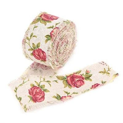 Image of DIY Printed Rose Flower Burlap Ribbon,Jute Fabric Ribbon for Wedding Party Wrapping and Home Decor,11 Yards Long, 2 inches Wide