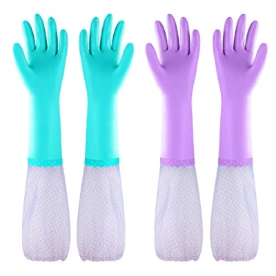 Image of Eygood Latex Free Washing Up Gloves, Long Sleeve Household Gloves with Cotton Lining, Kitchen Cleaning (1 Pack of 2 Pairs Blue + Purple) (Large)
