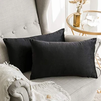 Image of MIULEE Velvet Soft Soild Microfiber Decorative Square Pillow Case Throw Cushion Cover for Sofa Bedroom with Invisible Zipper Black 12&quot;x20&quot;,2 Pieces