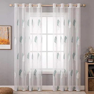 Image of MIULEE 2 Panels Leaves Embroidery Sheer Curtains Grommet Window Curtain Semi Voile Drapes for Living Room Bedroom Big Blue 55&quot; Wx88 L
