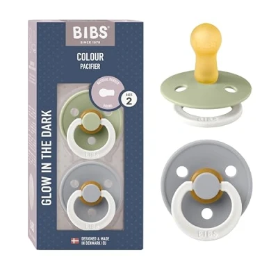 Image of BIBS Colour Night Glow in The Dark Soother 2 Pack, BPA Free Dummy Pacifier, Round Nipple. Natural Rubber Latex, Made Denmark, Size (6 18 Months), Cloud