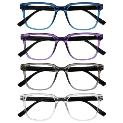 Image of OPULIZE LEO Reading Glasses 4 Pack Large Rectangular Frame Blue, Purple, Grey, Clear Mens Womens Spring Hinges RRRR55 357C +3.50