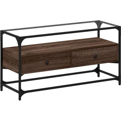 Image of vidaXL TV Cabinet with Glass Top Brown Oak 98x35x51 cm Engineered Wood
