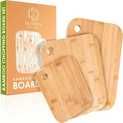 Image of Oliver&#039;s Kitchen ® 3 x Set of Wooden Chopping Boards Different Sizes for Every Occasion Beautifully Designed, Durable &amp; Hard Wearing 100% Natural Organic Bamboo Cutting Easy to Clean