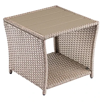 Image of CASARIA® Polyrattan Garden Side Table WPC Top 45x45x40cm 80kg Load Capacity Weatherproof Outdoor Patio Deck Balcony Furniture Coffee Adjustable Levelling Feet Cream