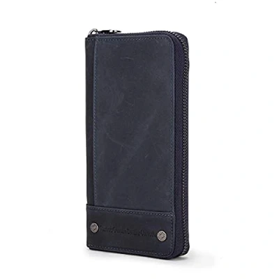 Image of Contacts RFID Blocking Genuine Leather Wallet Mens Zipper Around Purse Card Phone Holder Coin Clutch Organizer Travel Vintage(Dark Blue)