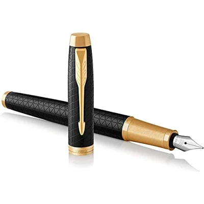 Image of Parker Pen IM Premium Metal Fountain Matte Black with Diamond Pattern Gold Trim Fine Nib Ink Gift Boxed