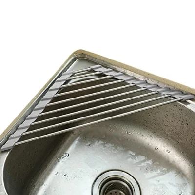 Image of CHAODI Triangle Roll Up Dish Drying Rack, Rack Sink Drainer, Over The Corner Foldable for Corner, Caddy Sponge Holder, 304# (Gray)