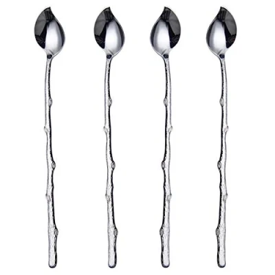 Image of HISSF Long Handle Spoon Iced Tea Spoon, Coffee 18/10 Stainless Steel Stirring Spoons for Tea, Dessert, Cocktail, 4 Pieces Twig Leaf 8.66 Inches
