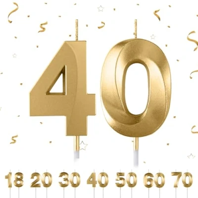 Image of 40th Birthday Number Candles,3D Gold Candle,Number 40 Candle for Party Cake Topper Decorations Woemn Men Anniversary Supplies