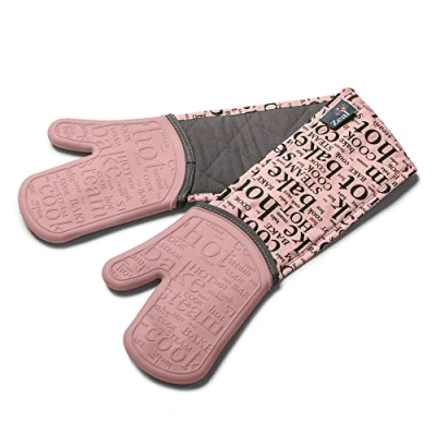 Image of Zeal Silicone Double Oven Gloves, Heat, Steam and Water Resistant Mitts with Quilted Fabric Inner, Non Slip Grip. Perfect for Cooking Baking. Machine Washable, Rose Pink