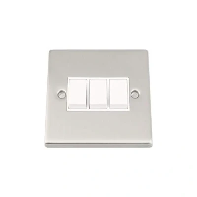 Image of Light Switch 3 Gang Satin Matt Chrome Square White Insert Plastic 10 Amp Triple 2 Way