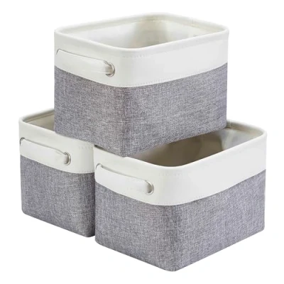 Image of Mangata Small Canvas Storage Box, Fabric Basket with Handles for Cupboards, Shelves, Clothes, Toys (3 Pack, Foldable, Grey White)
