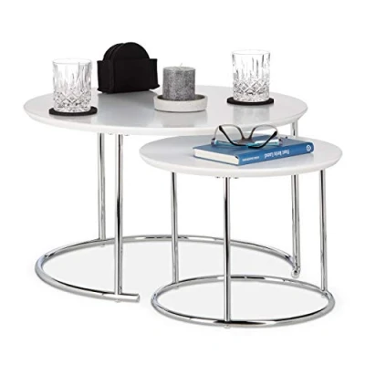 Image of Relaxdays Round Side Tables Set of 2, Small Matt Coffee Table, Nesting Tables, Wood and Metal, Chromed, 60x60 cm, White
