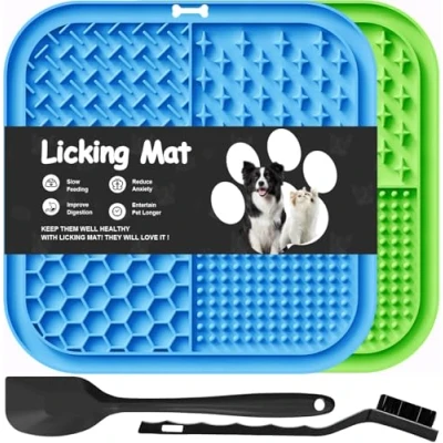 Image of Azyh 2 PCS Licking Mat for Dogs &amp; Cats with Suction Cups, Dog Slow Feeder Lick Pat Anxiety Relief, Toys Feeding Butter Yogurt Peanut, Pets Bathing Grooming Training (Blue&amp;Green)