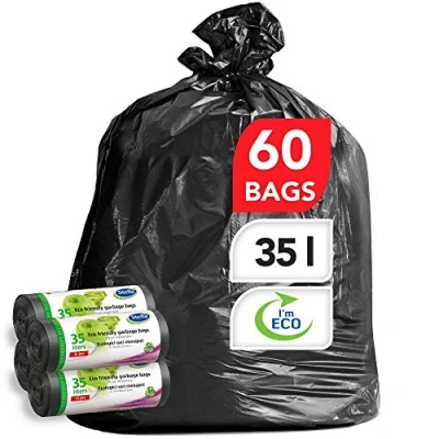 Image of Stella Garbage Bag Bin Bags Liners 60 pcs Eco Friendly and Recyclable Made from Waste Plastic Ultra Strong &amp; Flexible Trash Black Colour 35 L No Closure Type