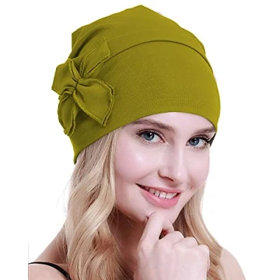 Image of osvyo Cotton Chemo Turbans Headwear Beanie Hat Cap for Women Cancer Patient Hairloss Mustard Yellow