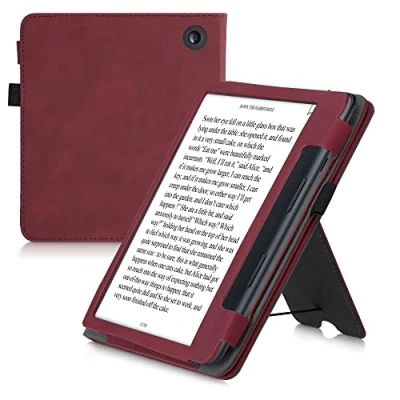 Image of kwmobile Case Compatible with Kobo Sage Cover Faux Nubuck Leather e Reader Flip Dark Red