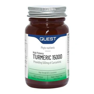 Image of Quest Turmeric 15000 High Strength and Black Pepper Tablets Quick Absorption Natural Joint Care Supplements Providing Total of 500mg Curcumins. Vegan &amp; Free from Gluten (30 Tablets)