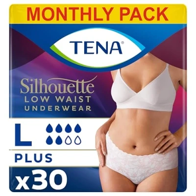 Image of TENA Silhouette Low Waist Underwear, Large, Normal Moderate Bladder Weakness, 30 Pairs of Incontinence Pants (5 X 6 Packs) Women, Fits 95cm 125cm