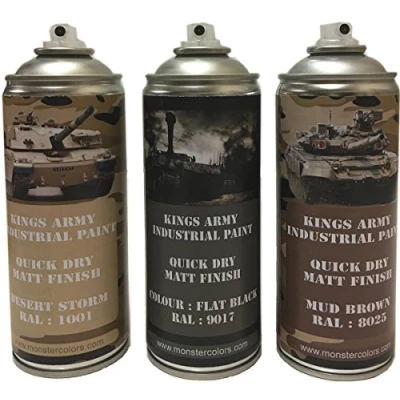 Image of Kings Army Spray Paint 400ml Desert Camo Pack, Storm,Flat Black, Mud Brown, Military paintball airsoft, Model Maker