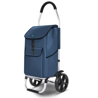 Image of VOUNOT Folding Shopping Trolley, Aluminium Lightweight Cart with Detachable Bag, Waterproof Fabric, Mudguard Stair Climbing Wheels Grocery 55L Navy Blue