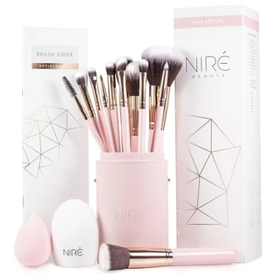 Image of Niré Beauty Pink Makeup Brushes 15 piece Award Winning Brush Set with Case, Blending Sponge, Cleaner, Guide, Gift Box