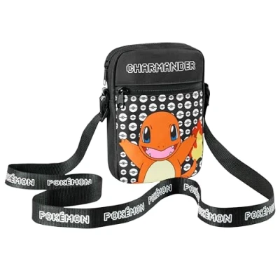 Image of Pokemon Shoulder Bag Cross Body for Kids Adjustable Strap Pikachu Small Travel Gamer Gifts (Black Charmander)