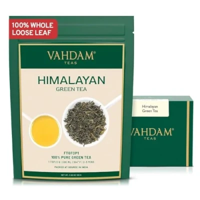 Image of VAHDAM, Himalayan Green Tea Leaves 100g (50 Cups) Non GMO, Gluten Free High Elevation Grown from Himalayas Pure Unblended Single Origin Loose Leaf Vacuum Sealed