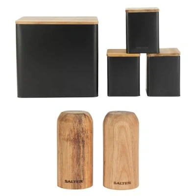 Image of Salter COMBO 9237 Toronto Canisters &amp; Salt and Pepper Shakers Bread Bin, Tea, Sugar, Coffee Storage Jars, Countertop Organiser Containers, Set of 2 Spice Shaker, Compact, Acacia Wood, Black