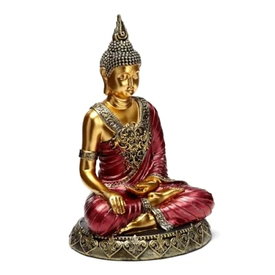 Image of Puckator Red &amp; Gold Thai Buddha Contemplation Cute Room Decor Aesthetic Feng Shui Meditation Accessories Garden Ornaments Shelf Desk Decorations Mindfulness Home Gifts Statues