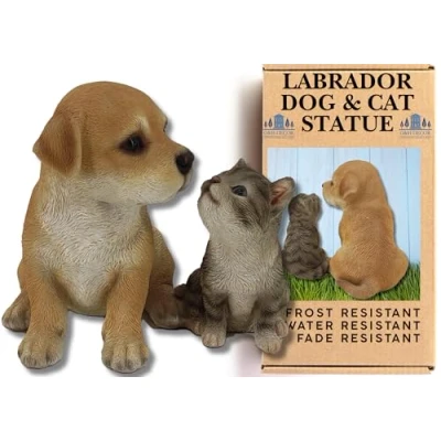 Image of G&amp;H Decor Cat and Dog Figurines Lawn Statue Hand Painted Garden Ornaments with Amazing Detail Weather Resistant Ornament Outdoor (Sitting)