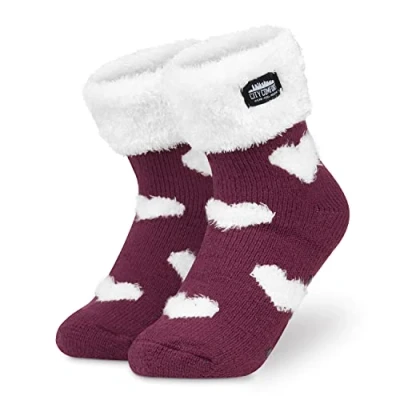 Image of CityComfort Slipper Socks Women Teenagers Fluffy Non Slip Warm Fleece One Size Lounge Wear Gifts for (Burgundy/White)